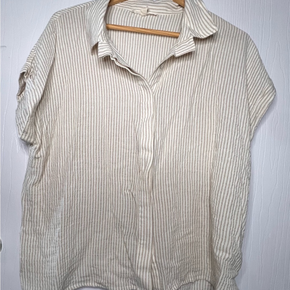Relaxed Linen-Blend Button Down Shirt - Cream Stripe